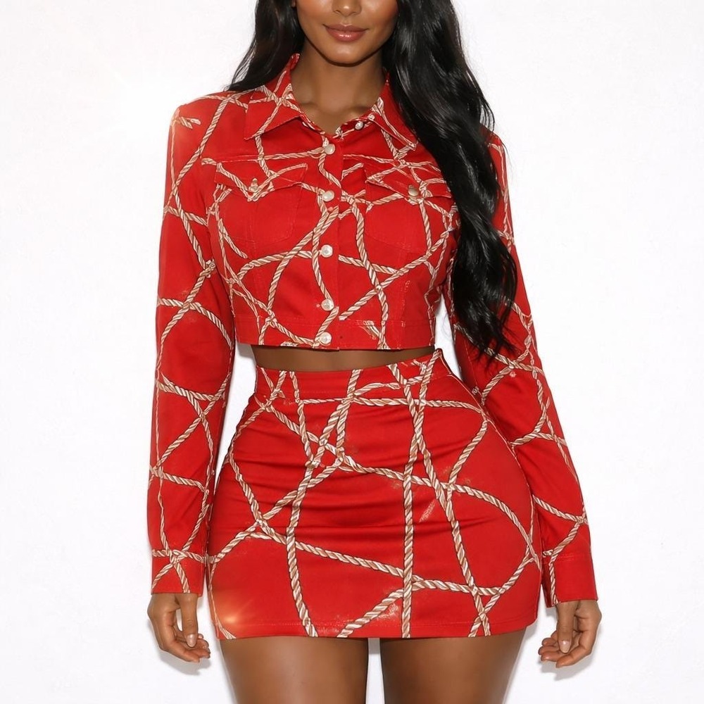 90s Vintage Nautical Rope Print Silk Crop Top Jacket Womens 10P Red Baroque